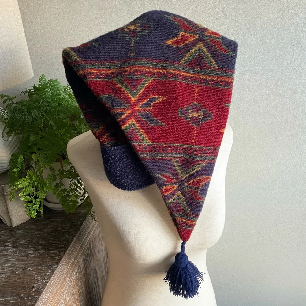 Rare Vtg L.L. Bean Wool Winter Tassle Long Elf Hat Red Blue Green